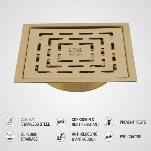 Lipka Orange Exclusive Square Flat Cut Floor Drain in Yellow Gold PVD Coating (6 x 6 Inches) with Cockroach Trap 3