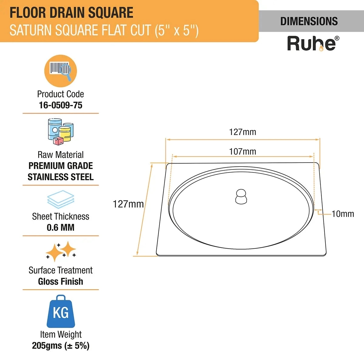 Ruhe Saturn Square Flat Cut Floor Drain 5 x 5 Inches With Lid by Ruhe : Colours available: Silver 3 1