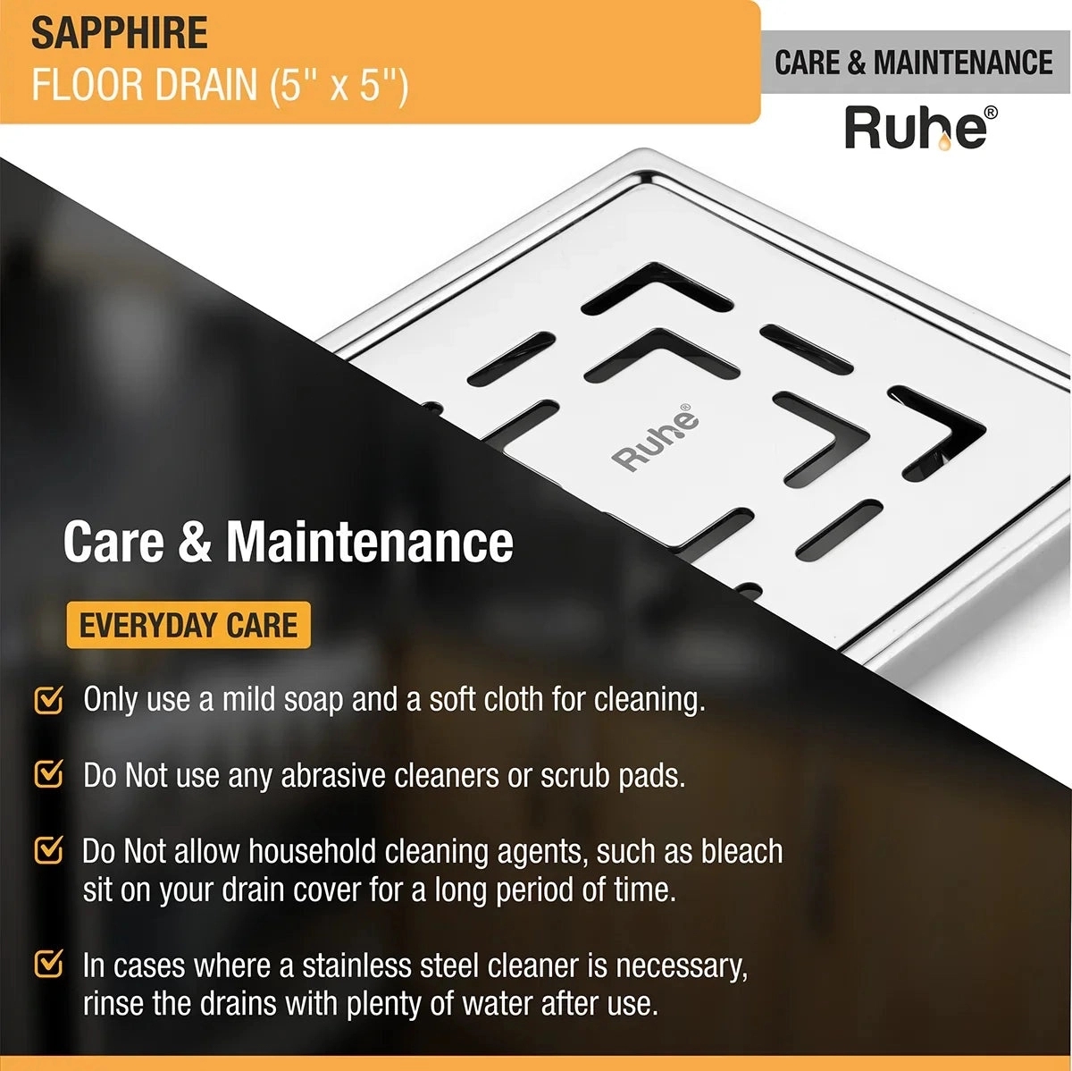 Ruhe Sapphire Square 304-Grade Floor Drain - 5 x 5 Inches by Ruhe : Colours available: Silver 4 5