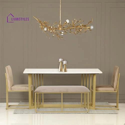 Livin styles Allen 6 Seater Marble Dining Table Set In Gold Finish - 2 Chairs + 2 Benches 2