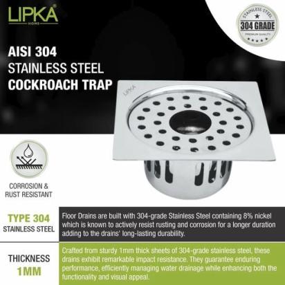 Lipka Square Flat Cut Floor Drain (6 x 6 Inches) with Hole and Cockroach Trap 3