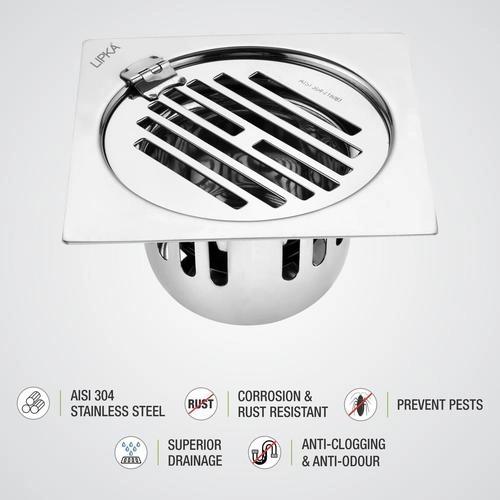Lipka Golden Classic Jali Square Flat Cut Floor Drain (6 x 6 Inches) with Hinge and Cockroach Trap 2
