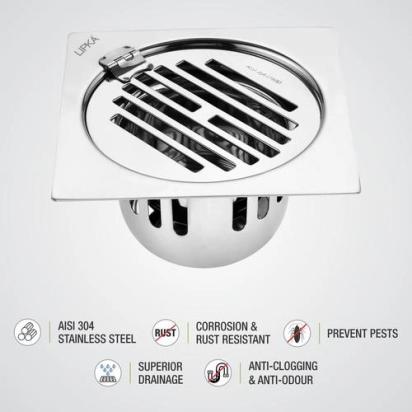 Lipka Golden Classic Jali Square Flat Cut Floor Drain (6 x 6 Inches) with Hinge and Cockroach Trap 2