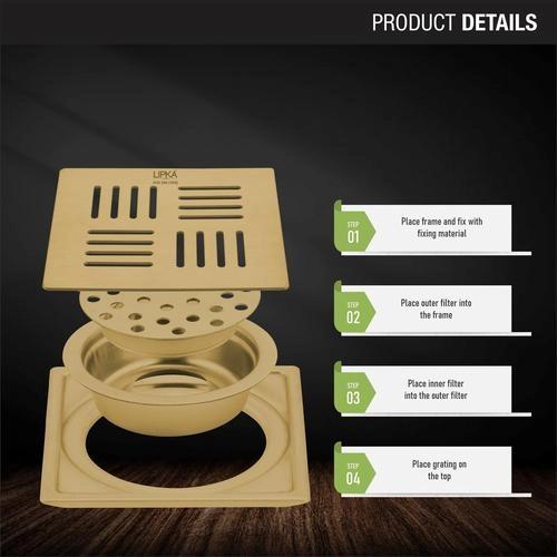 Lipka Pink Exclusive Square Floor Drain in Yellow Gold PVD Coating (6 x 6 Inches) with Cockroach Trap 2