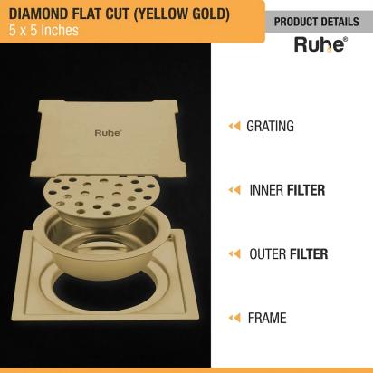 Ruhe Diamond Square Flat Cut Floor Drain in Yellow Gold PVD Coating 5 x 5 Inches by Ruhe : Colours available: Gold 3 2