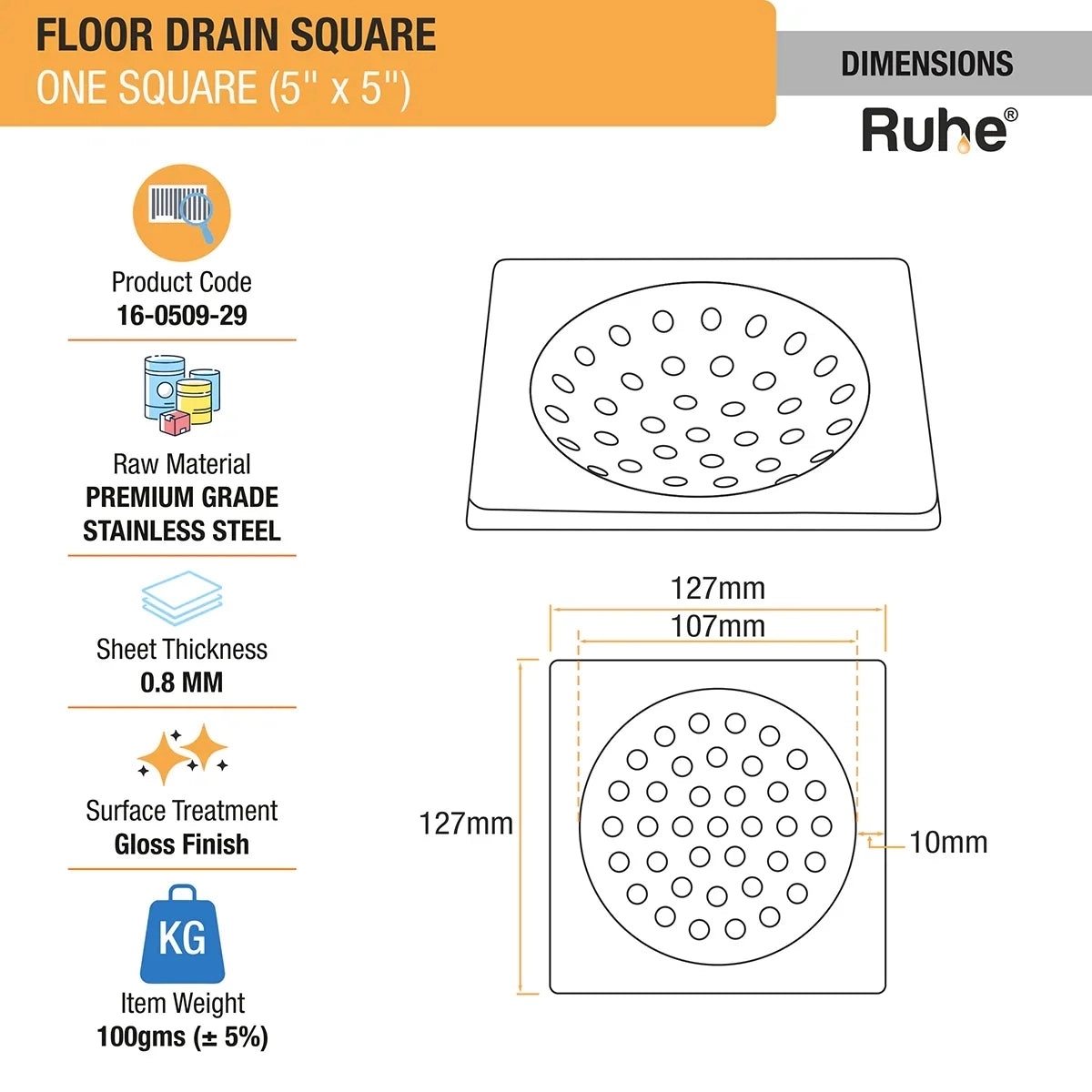 Ruhe One Square with Collar Floor Drain 5 x 5 inches by Ruhe : Colours available: Silver 2 1